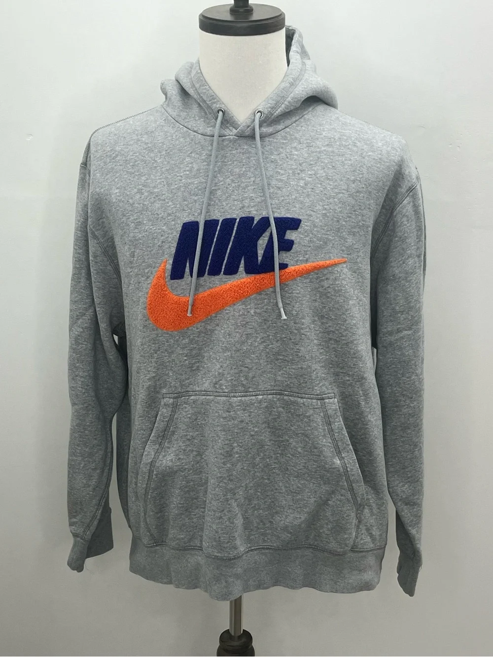Nike Mens Gray Orange Blue Swoosh Chenille Embroidered Logo Pullover Hoodie  XL
